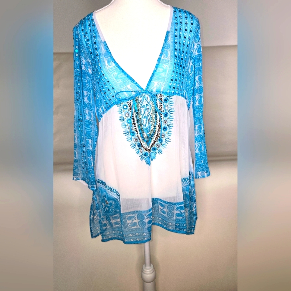Boston Proper Blue White Sheer Embroidered Beaded Boho V-Neck Tunic Womens XS